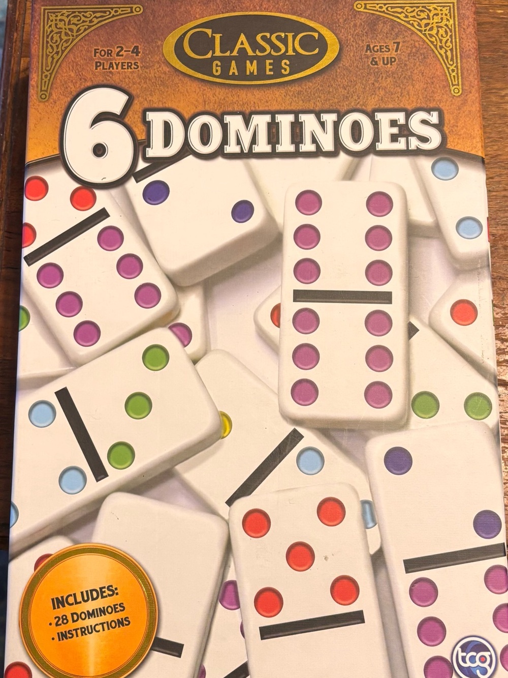 Classic 6 Dominoes Set - White Tiles with Red, Purple, Green, Blue & Orange Dots